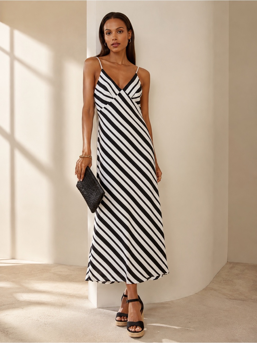 Jets Liberate Striped Slip Dress | Black & White Bias Cut Maxi Dress | US 8